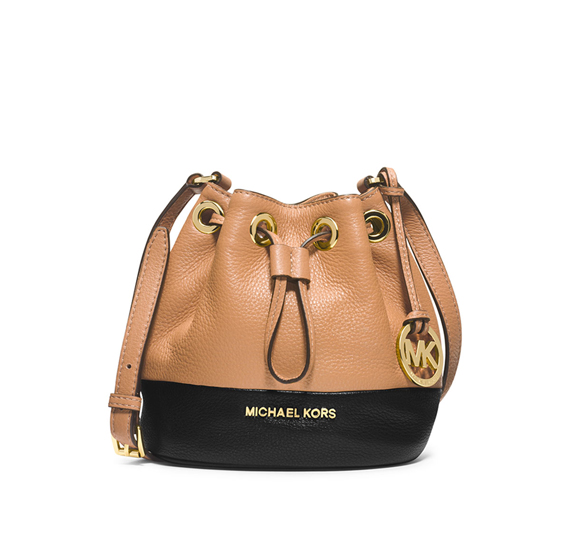 MICHAEL KORS Metallic Gold Canvas/ Leather Trimmed Drawstring Tassels  Bucket Bag