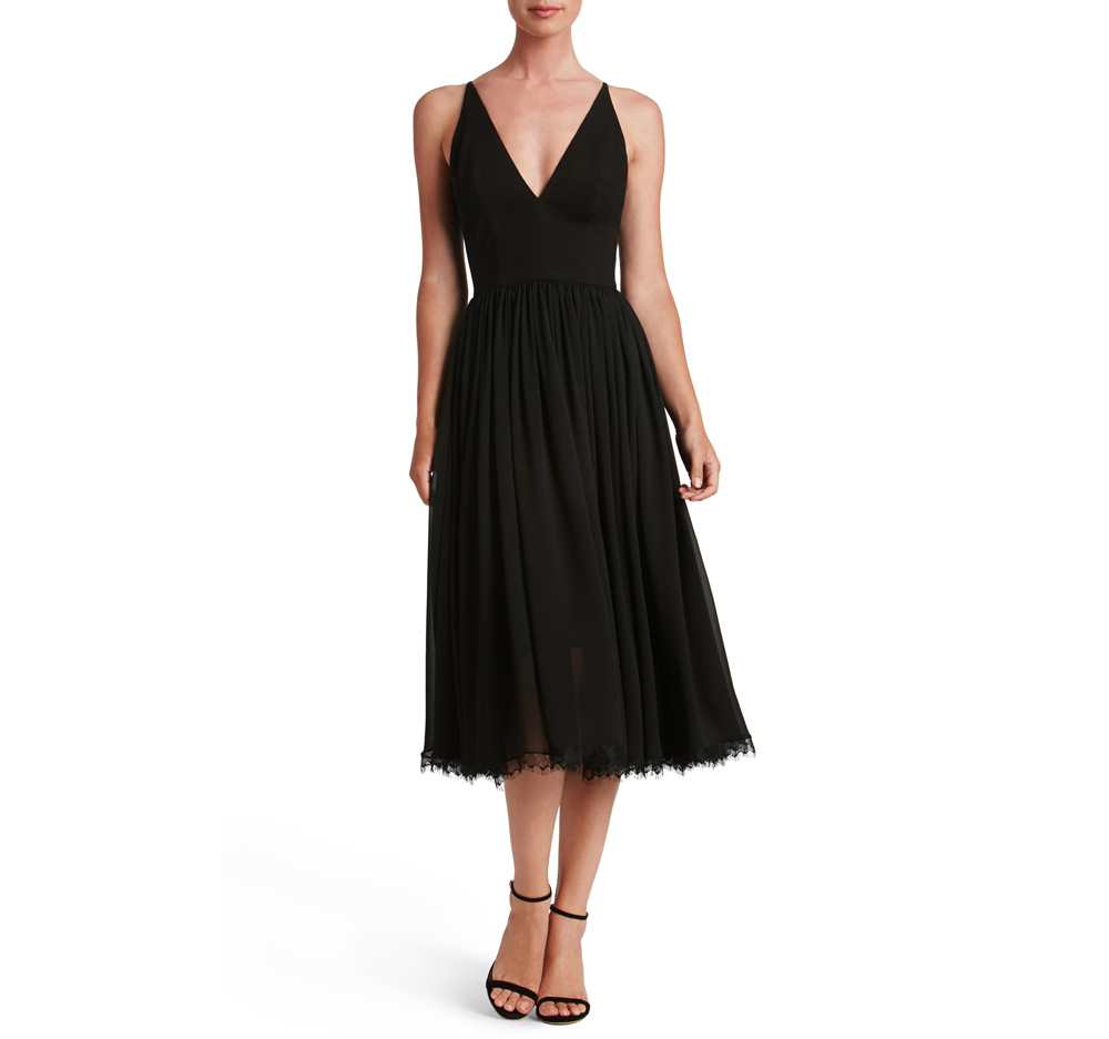 Midi Mixed Media Holiday Party Dress in Black